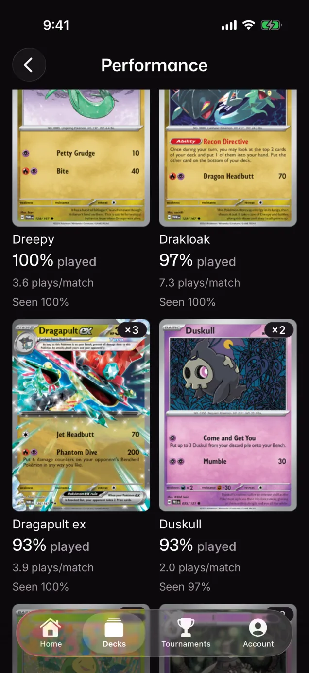 Card usage on iOS for v1.2: how often each card was played and seen across matches with a battle log