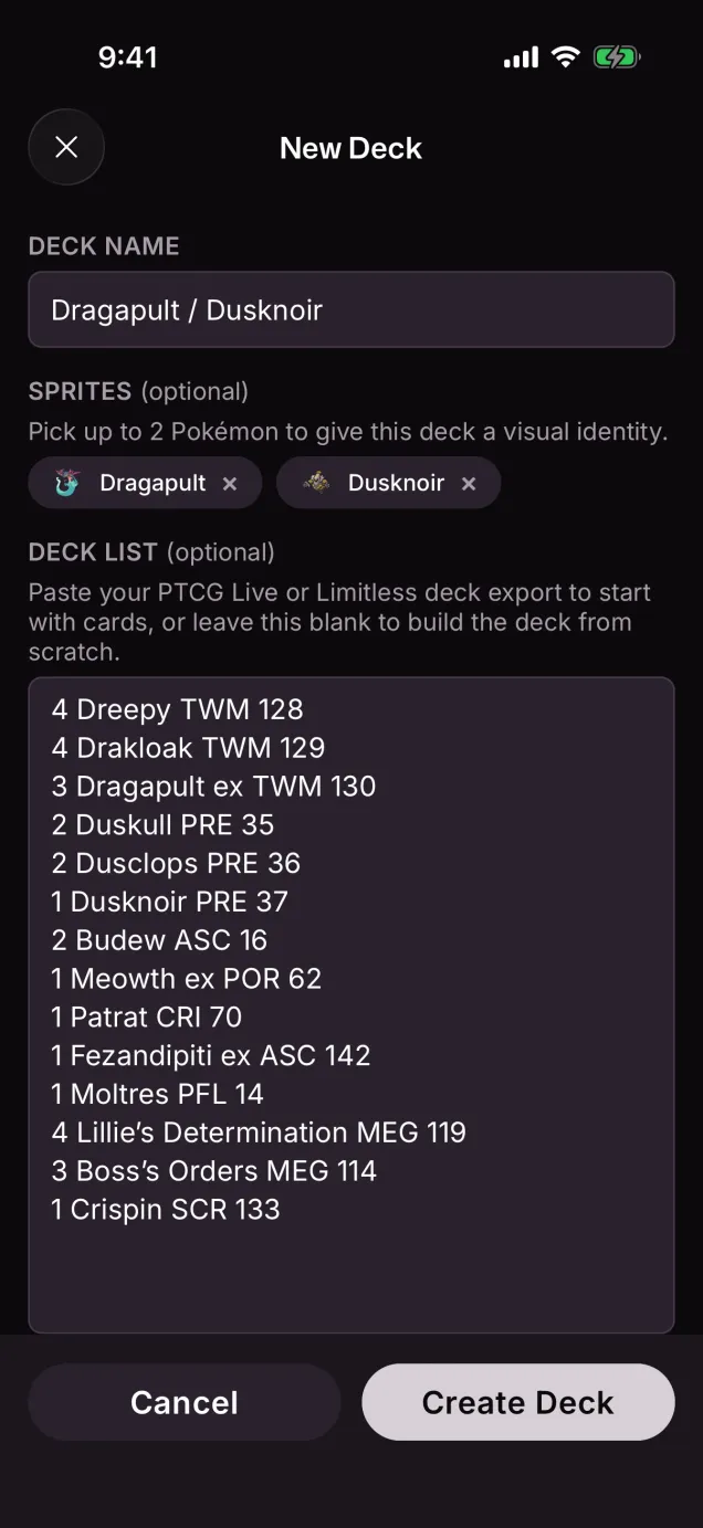Creating a deck on iOS by pasting a Limitless export, with the deck's two sprites picked