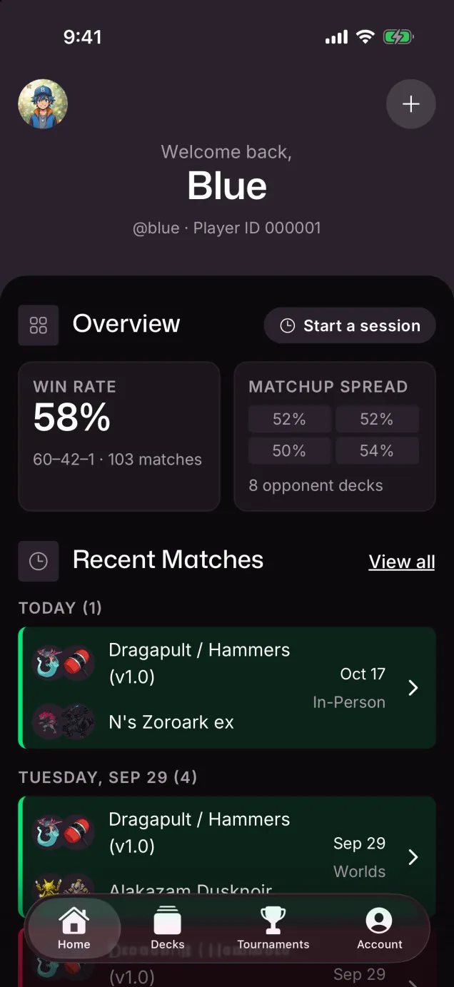 The iOS app's Home screen: a 58% win rate across 103 matches, the matchup spread and recent matches