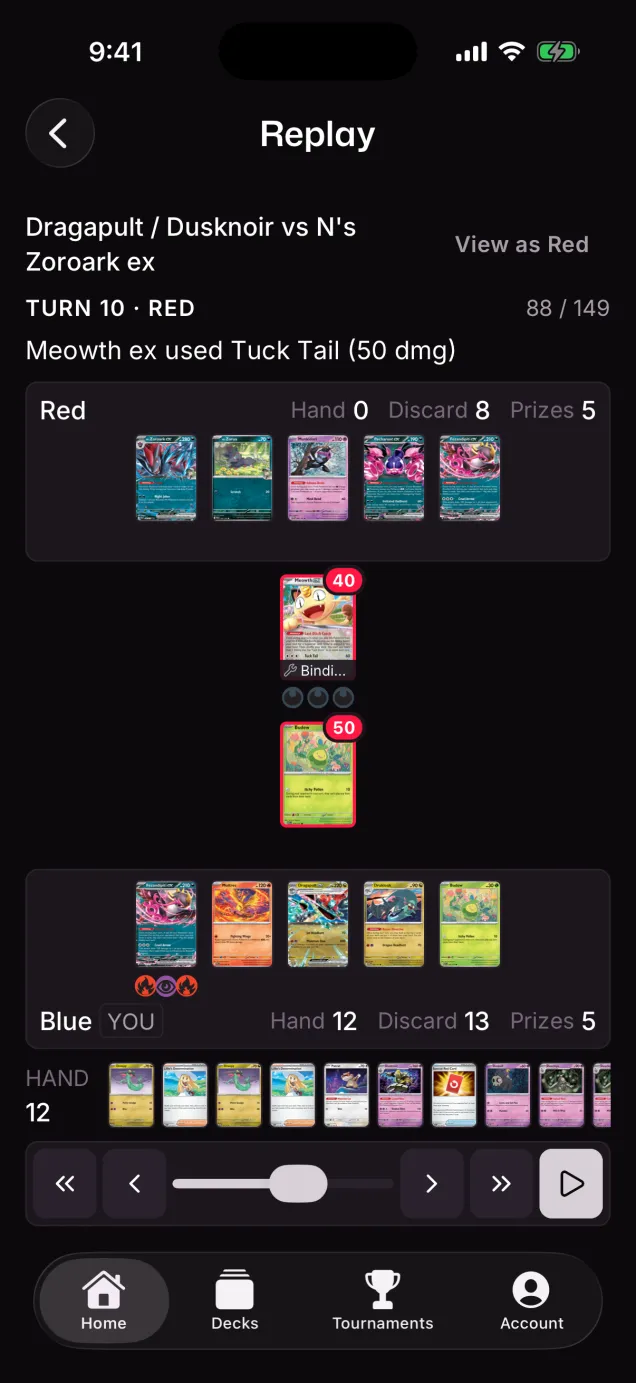 A PTCG Live battle log replayed on iOS at turn 10, with both boards and damage on the Active Pokémon