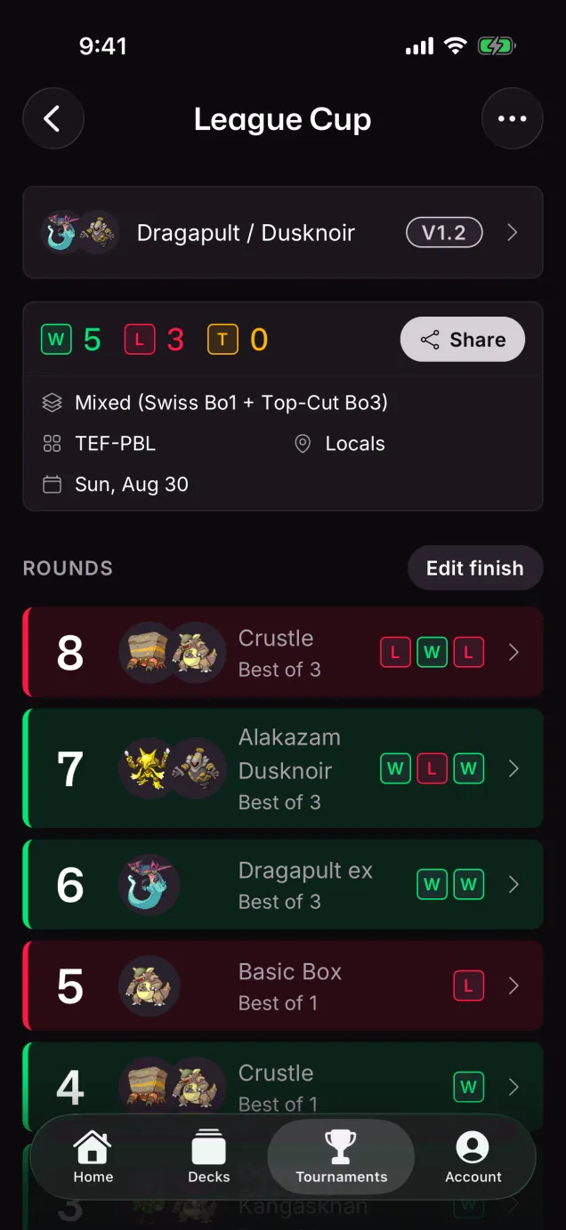 A League Cup on iOS: a 5–3–0 finish with each round's opponent and game results