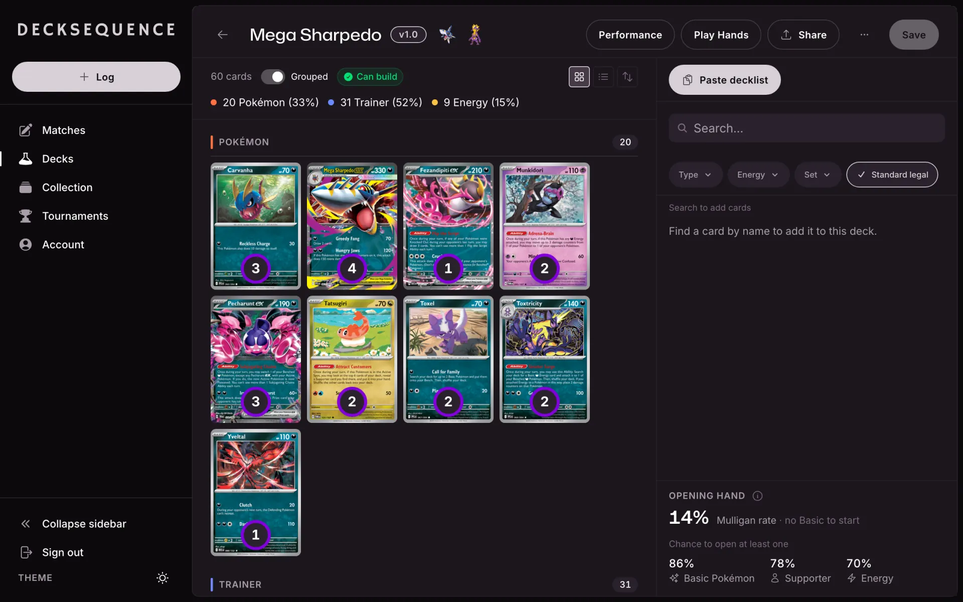 The deck builder in the web app: a 60-card Mega Sharpedo list by card type, card search, and opening-hand odds