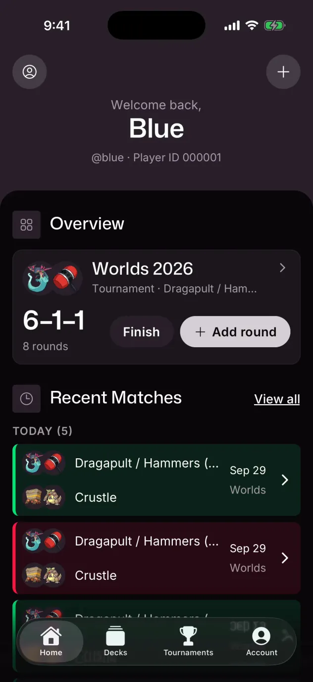 The DeckSequence iPhone app: Blue's Home screen with Worlds 2026 in progress, logging Round 9 and watching the record move to 7-1-1